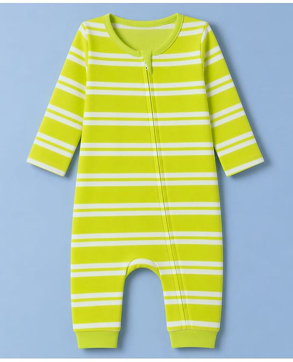 Babyhug 100% Cotton Interlock Knit Full Sleeves Striped Romper with Dino Print Pack Of 2 - Neon Green & White