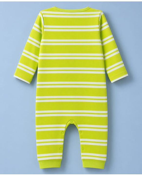 Babyhug 100% Cotton Interlock Knit Full Sleeves Striped Romper with Dino Print Pack Of 2 - Neon Green & White