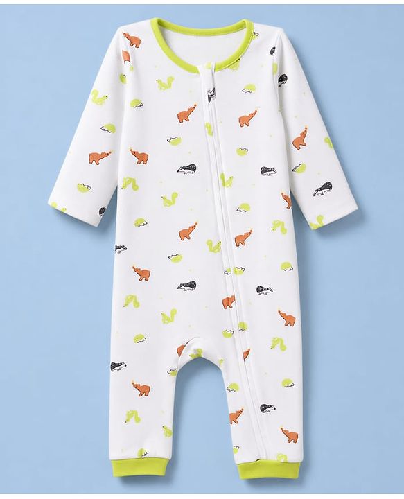 Babyhug 100% Cotton Interlock Knit Full Sleeves Striped Romper with Dino Print Pack Of 2 - Neon Green & White