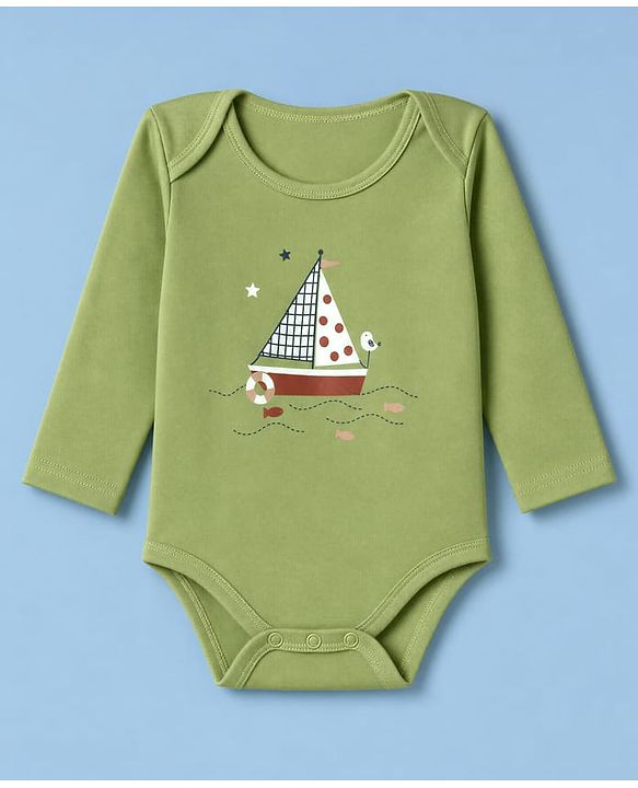 Babyhug 100% Cotton Knit Full Sleeves Nautical Theme Printed Onesie With Leggings & Cap Mittens & Booties Set - Green