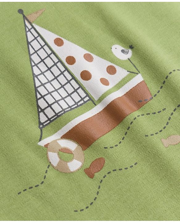 Babyhug 100% Cotton Knit Full Sleeves Nautical Theme Printed Onesie With Leggings & Cap Mittens & Booties Set - Green