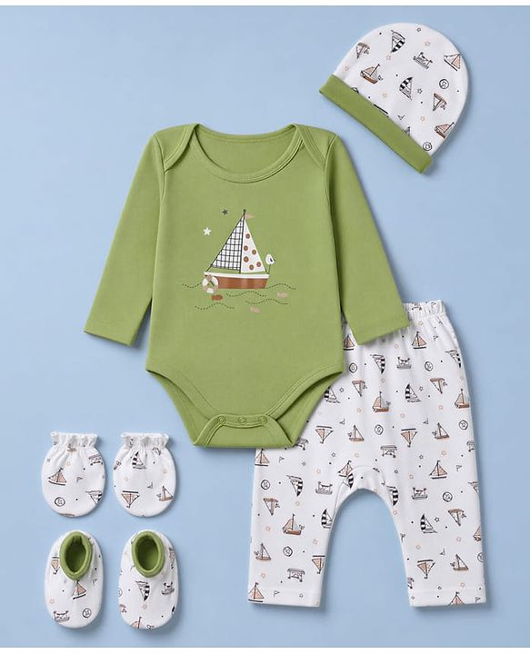 Babyhug 100% Cotton Knit Full Sleeves Nautical Theme Printed Onesie With Leggings & Cap Mittens & Booties Set - Green