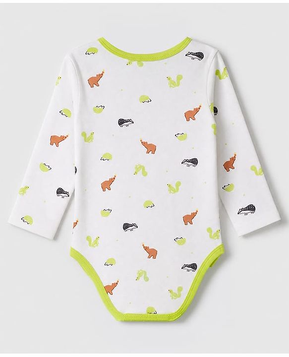 Babyhug 100% Cotton Interlock Knit Full Sleeves Animal Printed Onesies with Leggings & Cap Mittens and Booties - Light Green