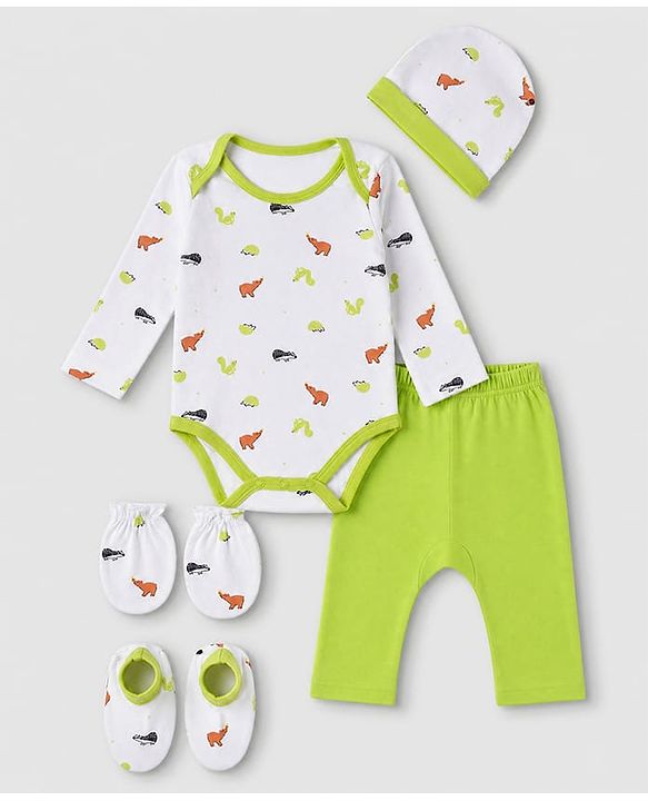 Babyhug 100% Cotton Interlock Knit Full Sleeves Animal Printed Onesies with Leggings & Cap Mittens and Booties - Light Green
