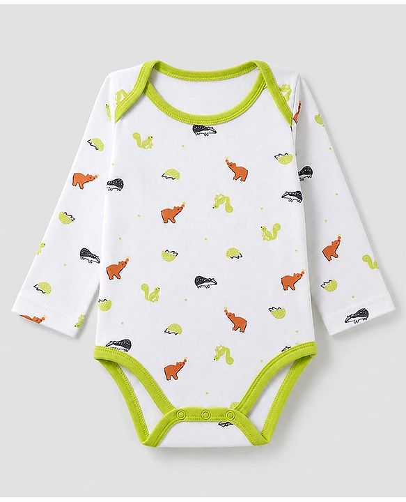 Babyhug 100% Cotton Interlock Knit Full Sleeves Animal Printed Onesies with Leggings & Cap Mittens and Booties - Light Green