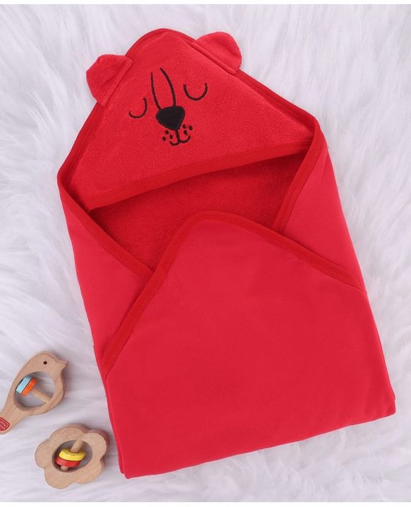 Babyhug Cotton Terry Knit Hooded Towel With Animal Embroidery L 76 x B 76 cm - Red