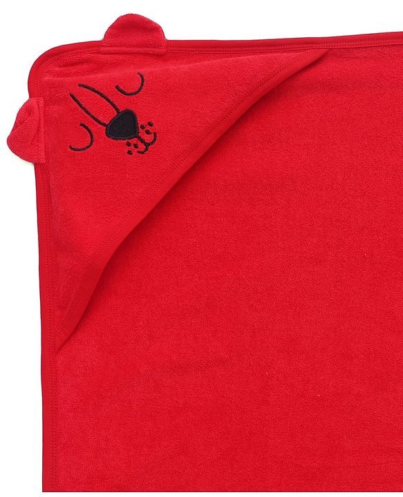 Babyhug Cotton Terry Knit Hooded Towel With Animal Embroidery L 76 x B 76 cm - Red