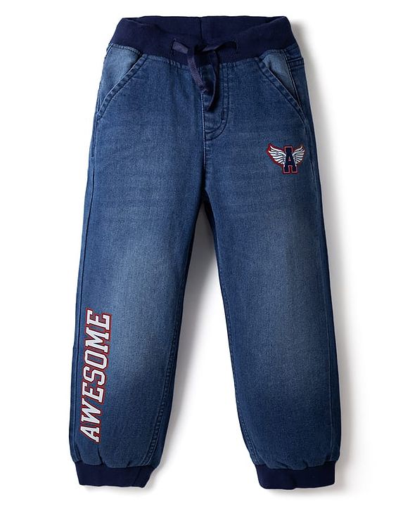 Pine Kids Denim Woven Full Length Jeans with Draw Cord and Awesome Embroidery - Navy Blue