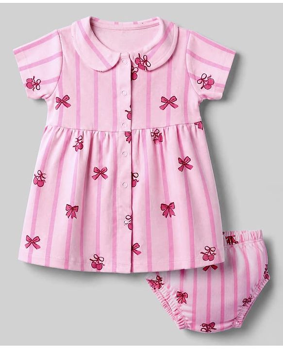 Babyhug Interlock Knit Knee Length Half Sleeves Frock with Bloomer and Cherry Print in Pink