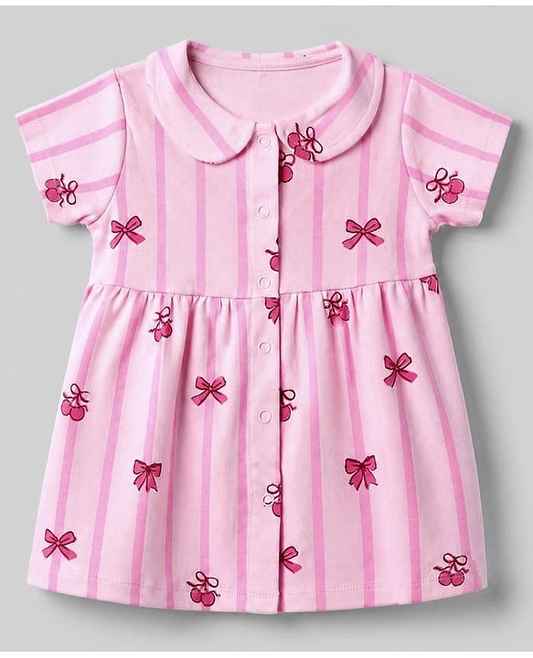 Babyhug Interlock Knit Knee Length Half Sleeves Frock with Bloomer and Cherry Print in Pink