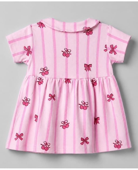 Babyhug Interlock Knit Knee Length Half Sleeves Frock with Bloomer and Cherry Print in Pink