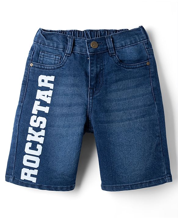 Pine Kids Woven Above Knee Length Denim Shorts With Text Print - Navy Blue