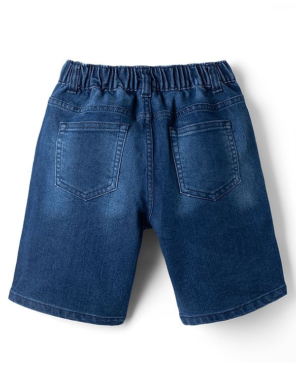 Pine Kids Woven Above Knee Length Denim Shorts With Text Print - Navy Blue