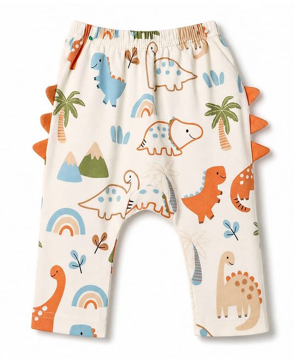 Babyhug 100% Cotton Interlock Knit Dino Printed Onesie With Leggings - Offwhite