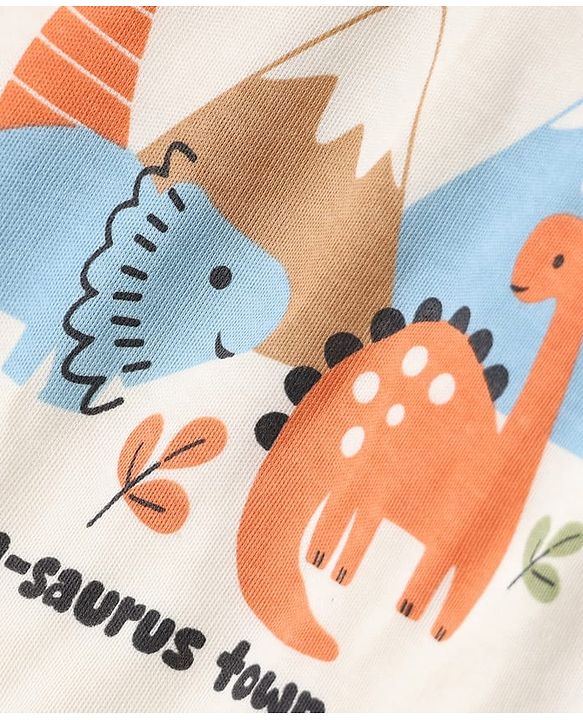 Babyhug 100% Cotton Interlock Knit Dino Printed Onesie With Leggings - Offwhite