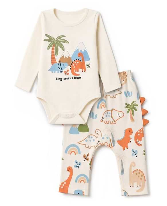 Babyhug 100% Cotton Interlock Knit Dino Printed Onesie With Leggings - Offwhite