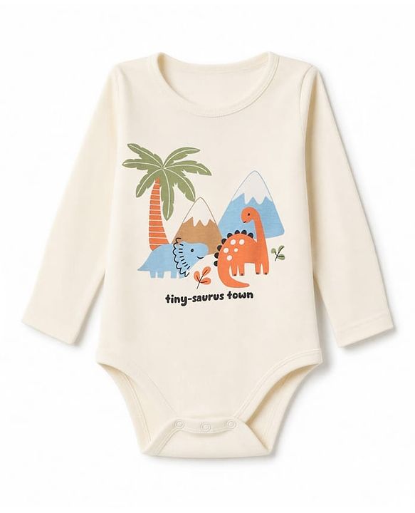 Babyhug 100% Cotton Interlock Knit Dino Printed Onesie With Leggings - Offwhite