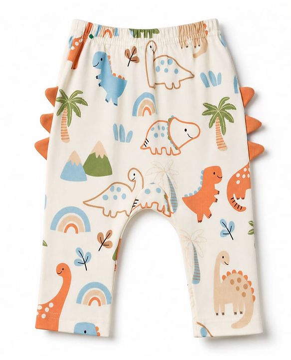 Babyhug 100% Cotton Interlock Knit Dino Printed Onesie With Leggings - Offwhite