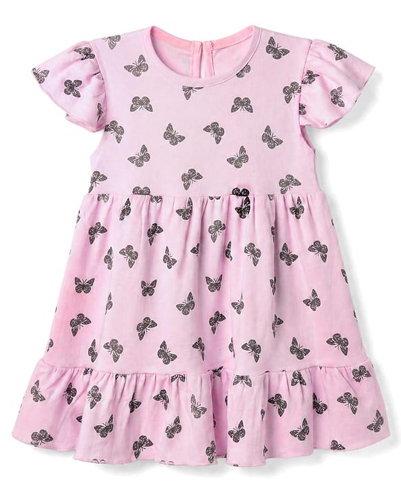 Babyhug Interlock Knit Frock with Half Sleeves and Butterfly Print - Pink