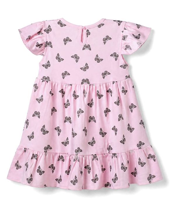 Babyhug Interlock Knit Frock with Half Sleeves and Butterfly Print - Pink