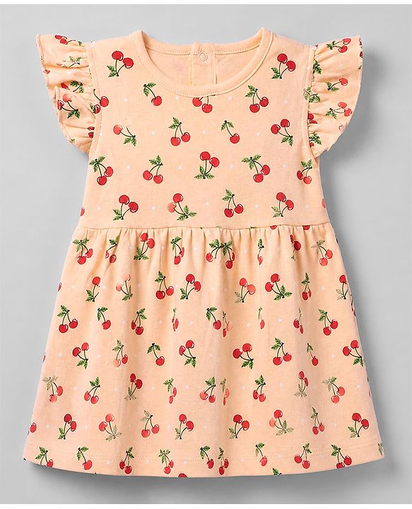 Babyhug Interlock Knit Frill Sleeves Dress with Cherry Print in Pink