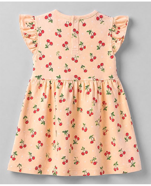 Babyhug Interlock Knit Frill Sleeves Dress with Cherry Print in Pink