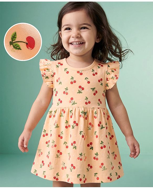 Babyhug Interlock Knit Frill Sleeves Dress with Cherry Print in Pink