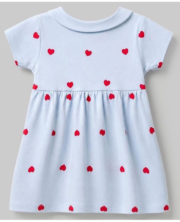 Babyhug Interlock Knit Cotton Half Sleeves Frocks with Bloomer & Heart Print - Light Blue