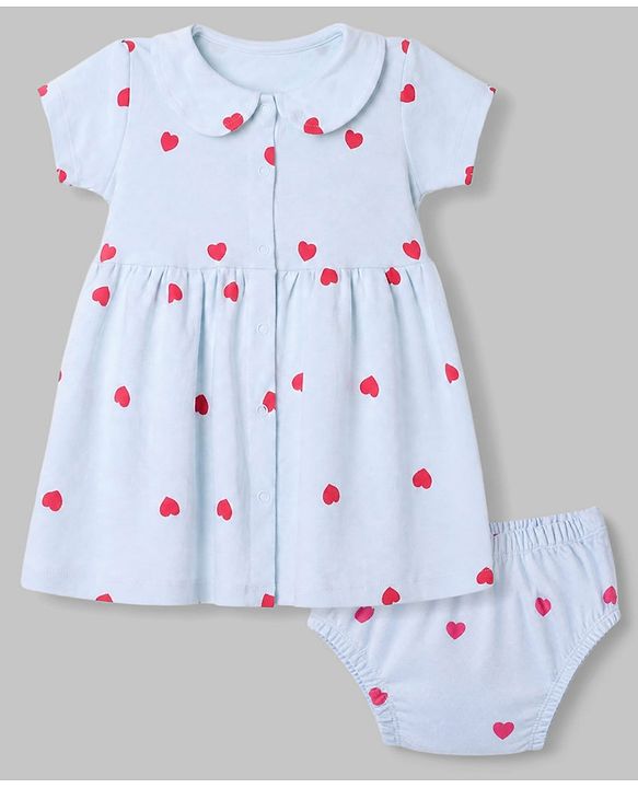 Babyhug Interlock Knit Cotton Half Sleeves Frocks with Bloomer & Heart Print - Light Blue