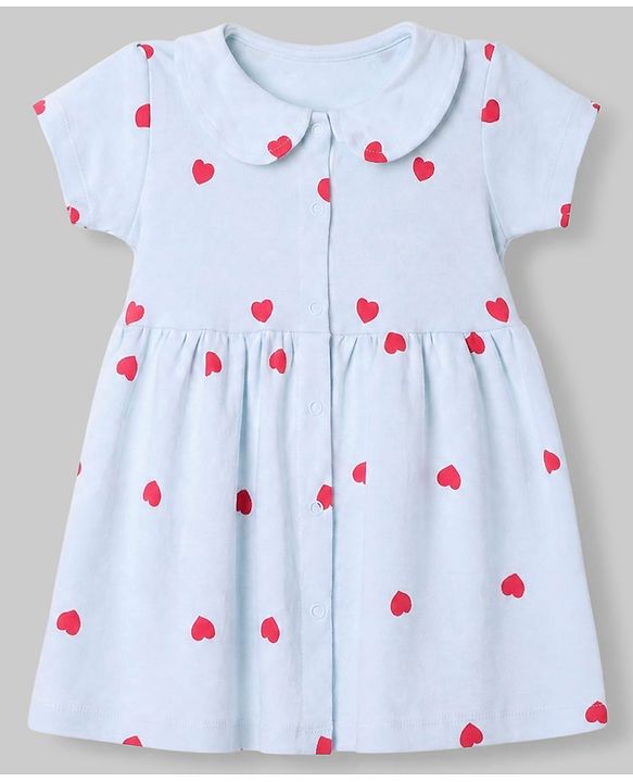 Babyhug Interlock Knit Cotton Half Sleeves Frocks with Bloomer & Heart Print - Light Blue