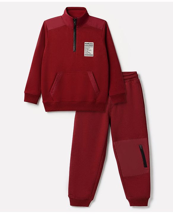 Pine Kids Looper Knit Full Sleeves T-Shirt and Jogger Winter Wear Suit with Fearless Challenger Patch - Maroon