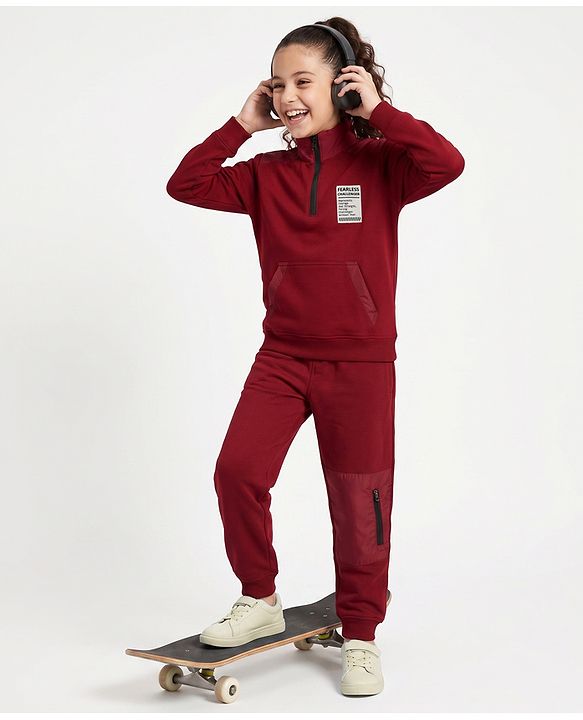 Pine Kids Looper Knit Full Sleeves T-Shirt and Jogger Winter Wear Suit with Fearless Challenger Patch - Maroon