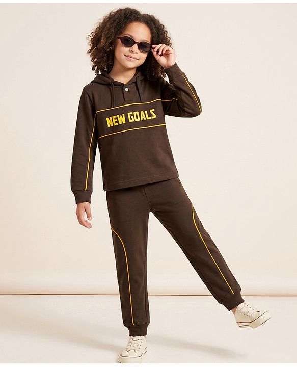 Pine Kids Looper Knit Full Sleeves Hooded T-Shirt and Jogger Winter Wear Suit with New Goals Print - Dark Brown