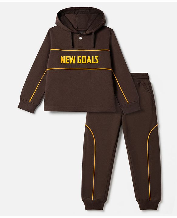 Pine Kids Looper Knit Full Sleeves Hooded T-Shirt and Jogger Winter Wear Suit with New Goals Print - Dark Brown