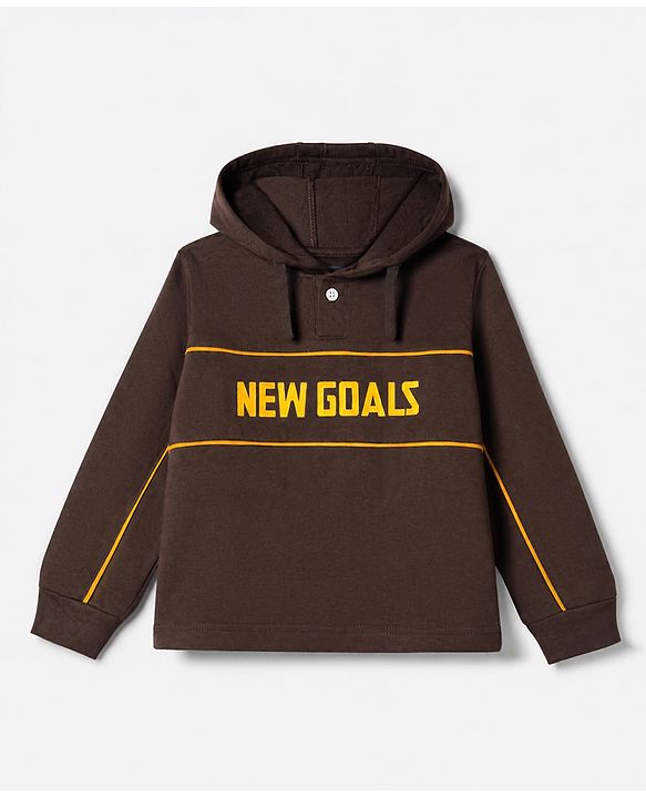 Pine Kids Looper Knit Full Sleeves Hooded T-Shirt and Jogger Winter Wear Suit with New Goals Print - Dark Brown