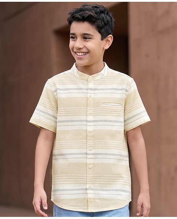Pine Kids Cotton Woven Striped Shirt Mandarin Collar Half Sleeves Multi Color 4-5 Years