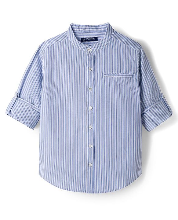 Pine Kids Cotton Woven Full Sleeves Striped Shirt - Sky Blue