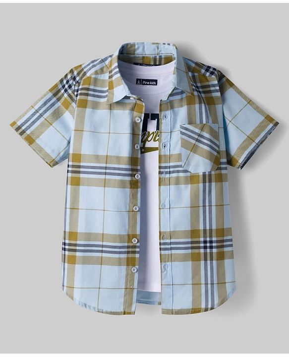 Pine Kids Cotton Woven Half Sleeves Checks Shirt With T-Shirt - Multicolor