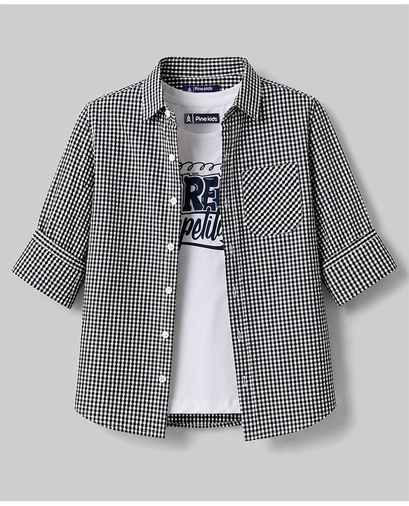 Pine Kids 100% Cotton Woven Full Sleeves Checks Shirt With Text Printed Tank T-Shirt - Black