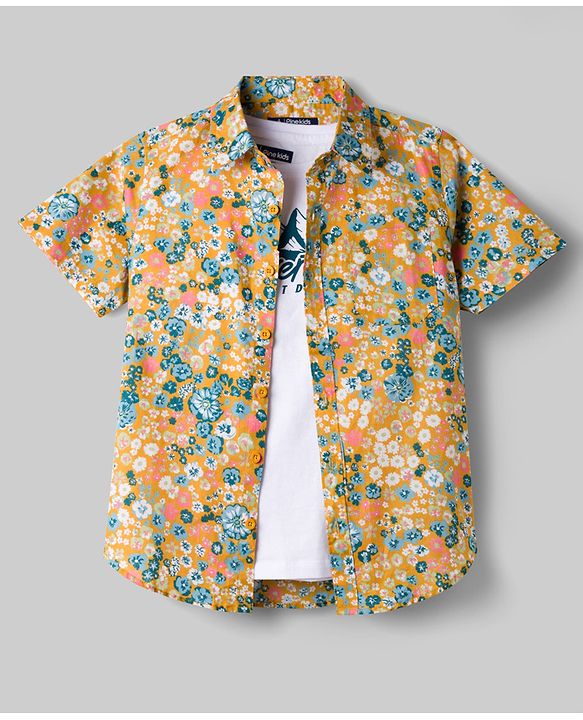 Pine Kids Cotton Woven Half Sleeves Floral Printed Shirt & T-Shirt - Multicolor