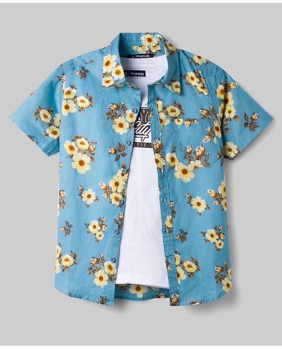 Pine Kids Cotton Woven Half Sleeves Floral Printed Shirt & T-Shirt - Multicolor