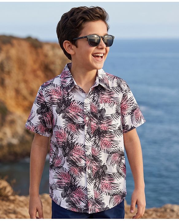 Pine Kids Cotton Woven Half Sleeves Shirt With Leaf Print - Multicolor