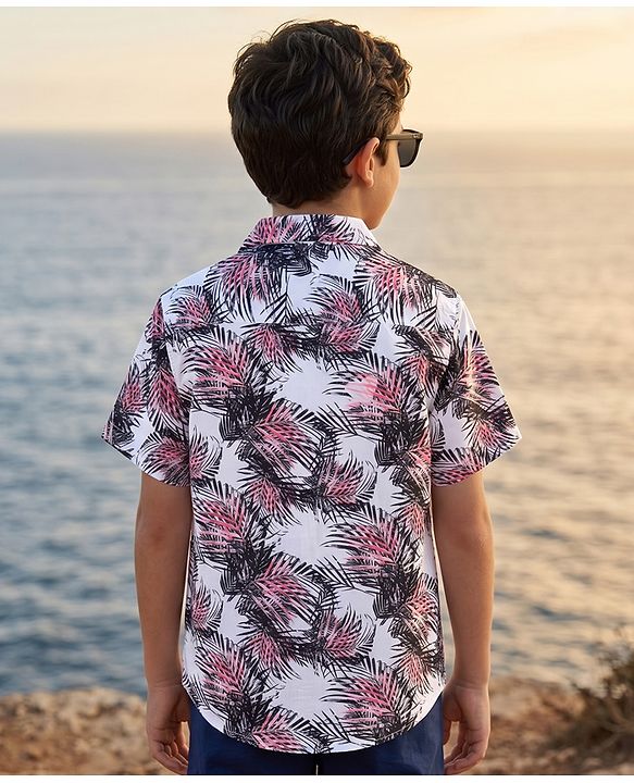 Pine Kids Cotton Woven Half Sleeves Shirt With Leaf Print - Multicolor