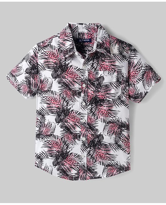 Pine Kids Cotton Woven Half Sleeves Shirt With Leaf Print - Multicolor