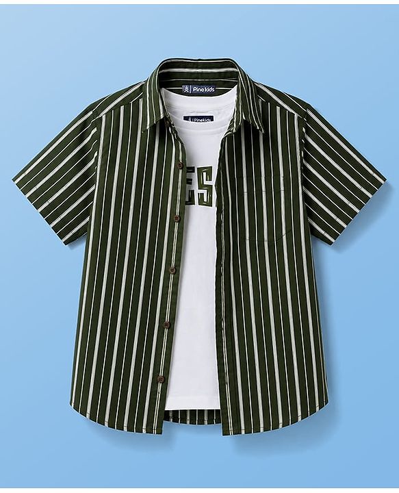 Pine Kids Cotton Woven Half Sleeves Striped Shirt With Text printed Tank T-Shirt - Green