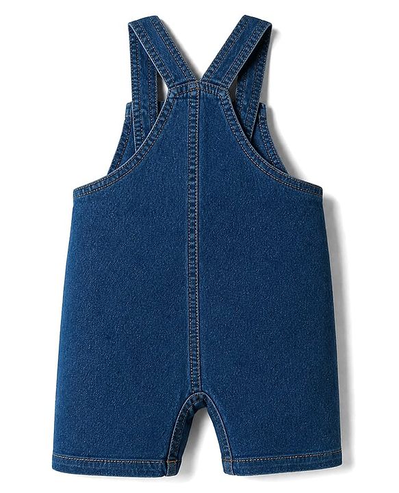Babyhug Single Jersey Knit Half Sleeves Striped Tee With Bear Face & Text Embroidered Denim Dungaree - Navy & Yellow