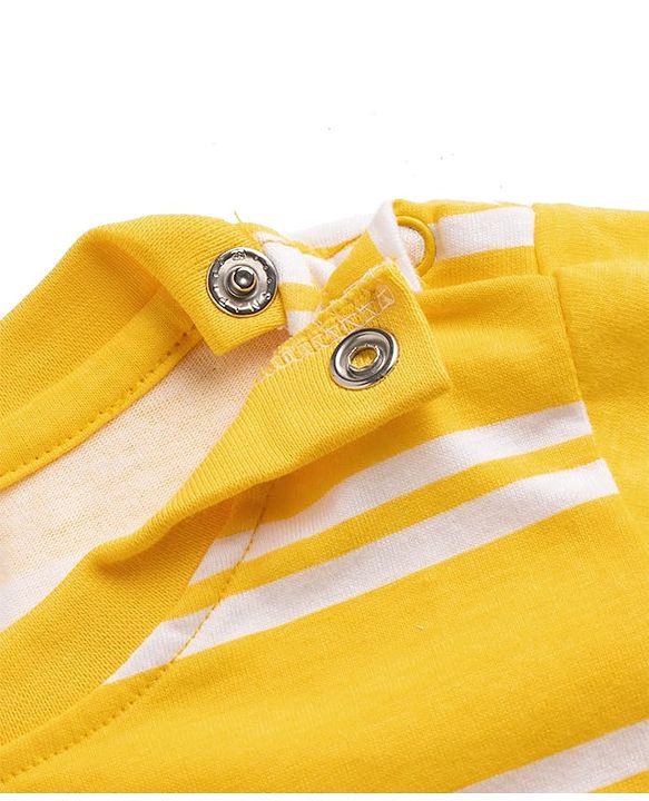Babyhug Single Jersey Knit Half Sleeves Striped Tee With Bear Face & Text Embroidered Denim Dungaree - Navy & Yellow