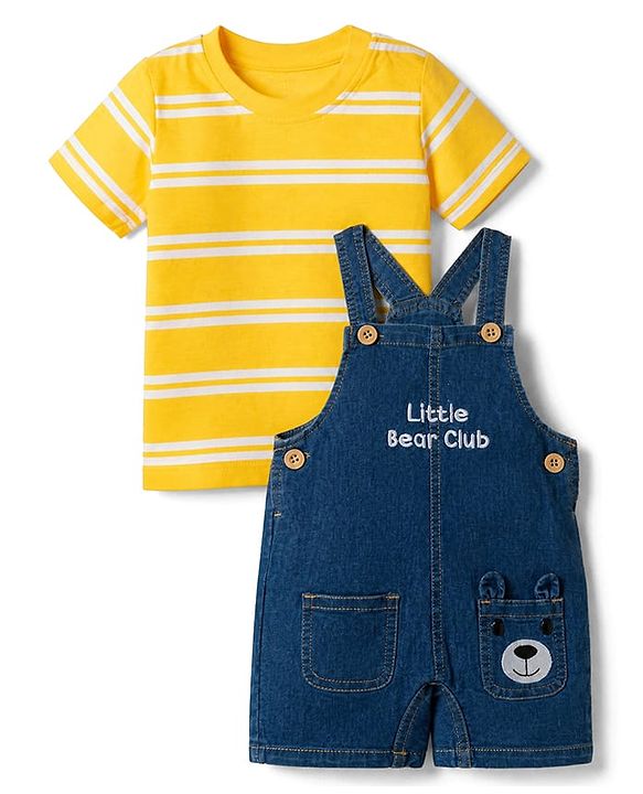 Babyhug Single Jersey Knit Half Sleeves Striped Tee With Bear Face & Text Embroidered Denim Dungaree - Navy & Yellow