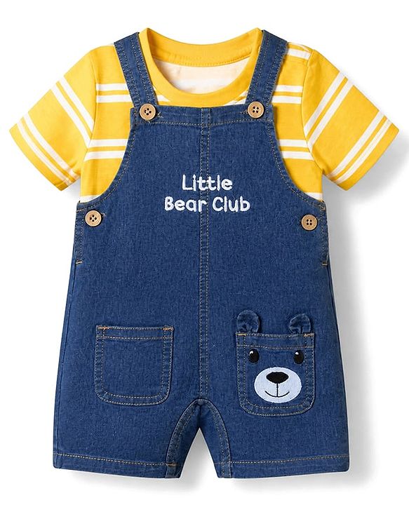 Babyhug Single Jersey Knit Half Sleeves Striped Tee With Bear Face & Text Embroidered Denim Dungaree - Navy & Yellow