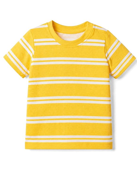 Babyhug Single Jersey Knit Half Sleeves Striped Tee With Bear Face & Text Embroidered Denim Dungaree - Navy & Yellow
